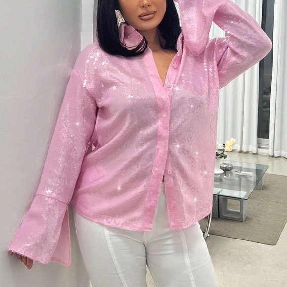 Barbiecore Flounce Sleeve Button Front Sequin Shirt Pink - Picture 3 of 4